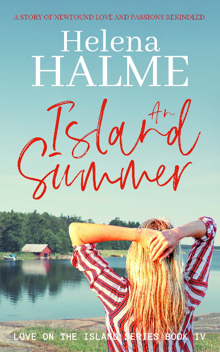 Book cover of 'An Island Summer' by Helena Halme with a woman overlooking a lake.