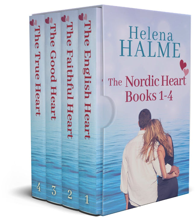 Box set of 'The Nordic Heart' books by Helena Halme with a couple embracing on a beach.