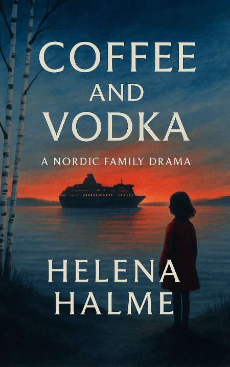 Book cover of 'Coffee and Vodka' by Helena Halme with a silhouette of a person, a ship, and birch trees.