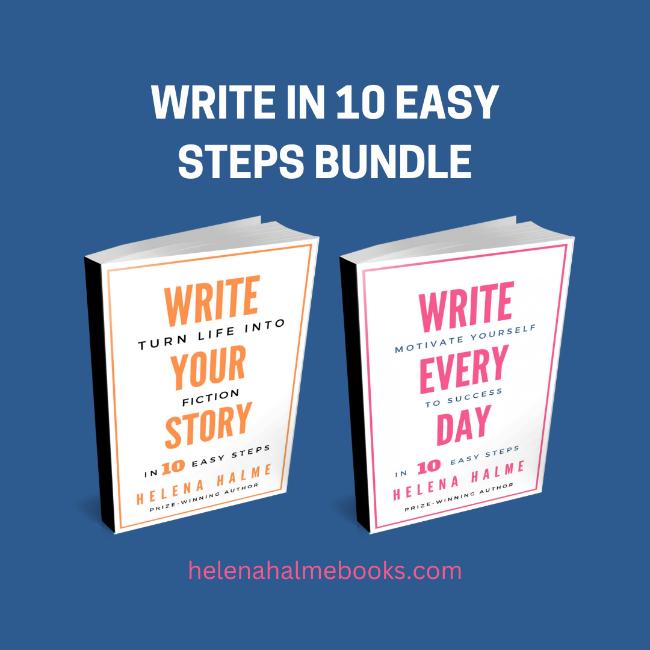 Two books with white and orange book covers, one titled 'WRITE YOUR STORY IN 10 EASY STEPS' and the other titled 'WRITE EVERY DAY IN 10 EASY STEPS', both by Helena Halme, published by Helena Halme Books.