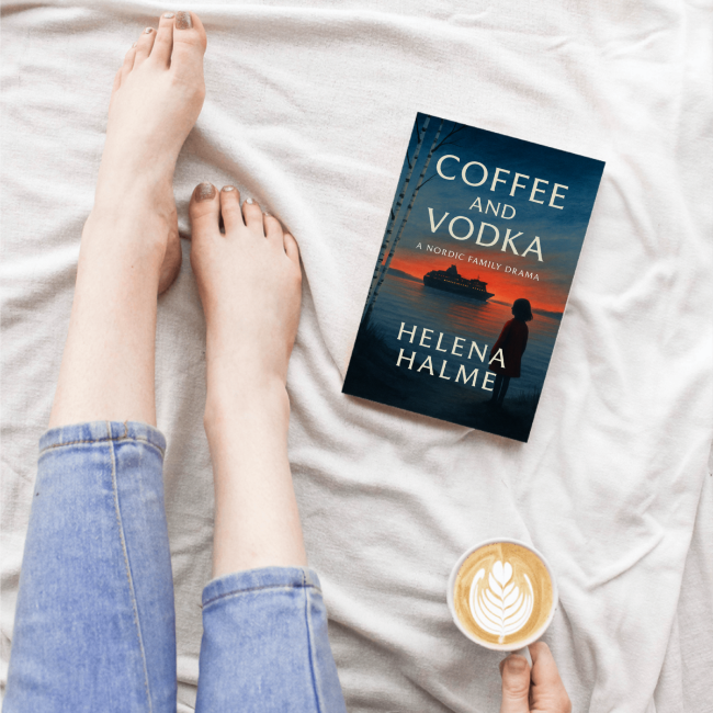 Book titled 'Coffee and Vodka' by Helena Halme on a bed with a person's legs and a coffee cup.