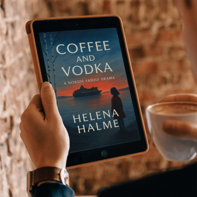 Person holding a tablet with 'Coffee and Vodka' book cover, next to a cup of coffee.