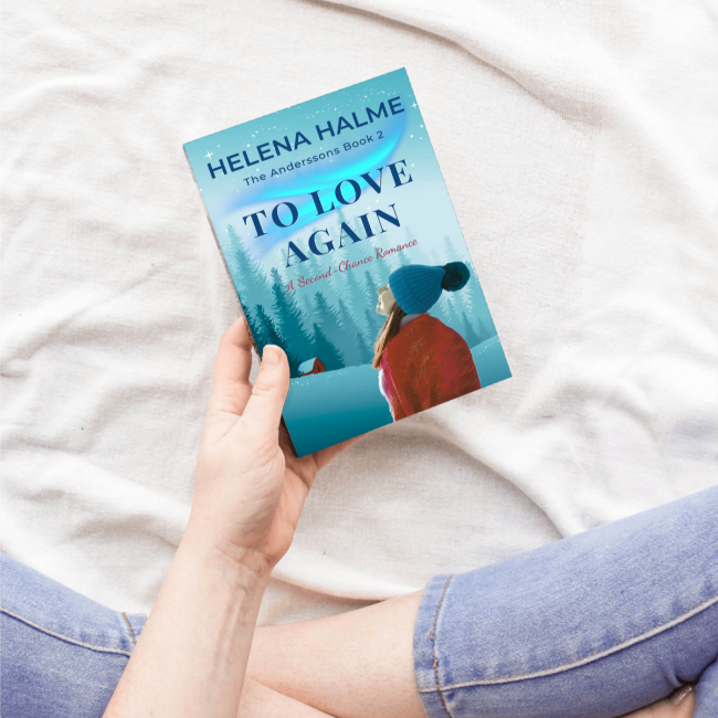 Book titled 'To Love Again' by Helena Halme held by a person on a white surface