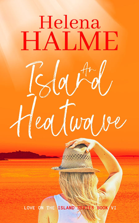 Book cover of 'An Island Heatwave' by Helena Halme with a woman in a hat against an orange sunset.