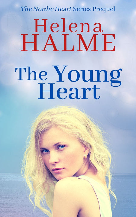 Book cover of 'The Young Heart' by Helena Halme with a woman's face on a blue gradient background.