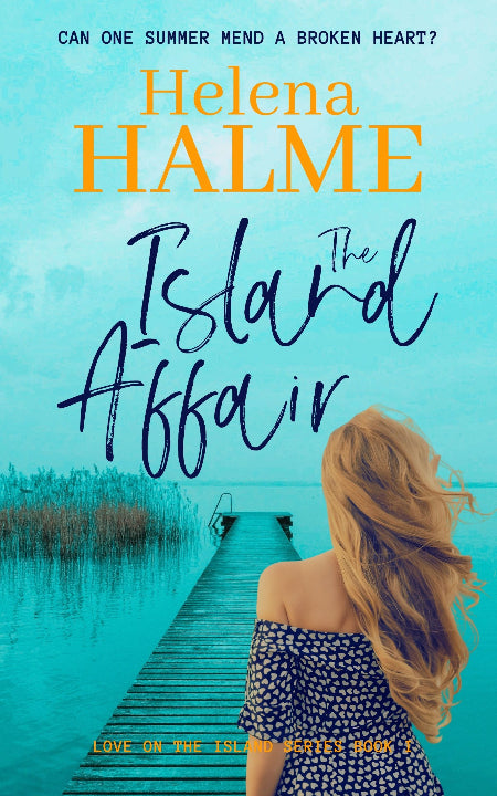 Book cover of 'The Island Affair' by Helena Halme with a woman on a dock.