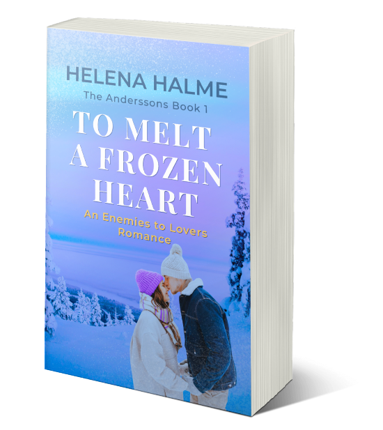 Book titled 'To Melt a Frozen Heart' by Helena Halme with a snowy landscape on the cover.