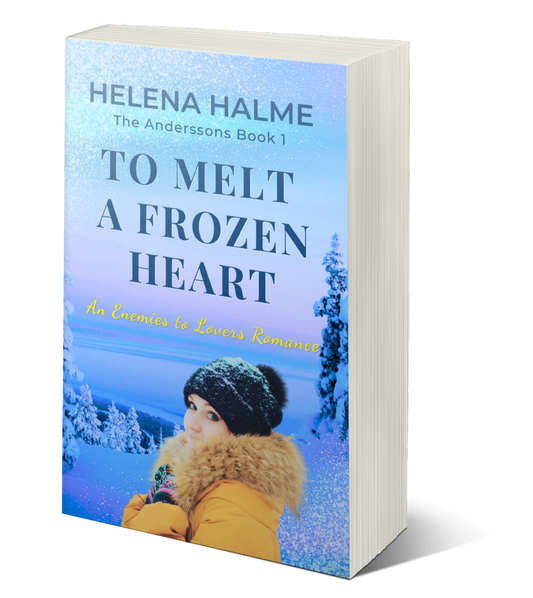 Book cover of 'To Melt a Frozen Heart' by Helena Halme with a snowy landscape and person in yellow coat.