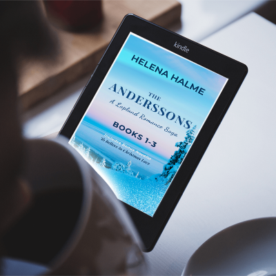 Kindle device displaying a book cover on a table with a cup of coffee