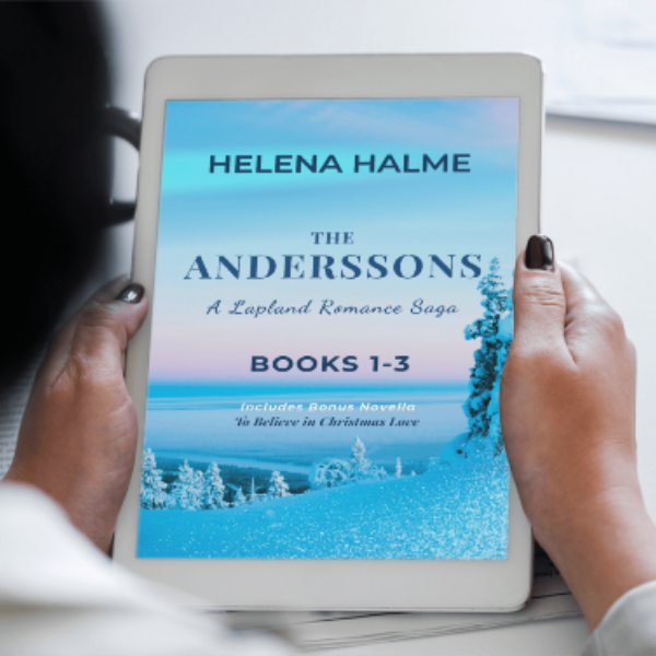 Person holding a tablet with a book cover displayed on the screen, featuring 'The Anderssons' by Helena Halme.