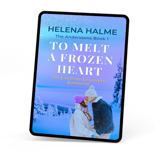 Book cover of 'To Melt a Frozen Heart' by Helena Halme on a tablet screen.