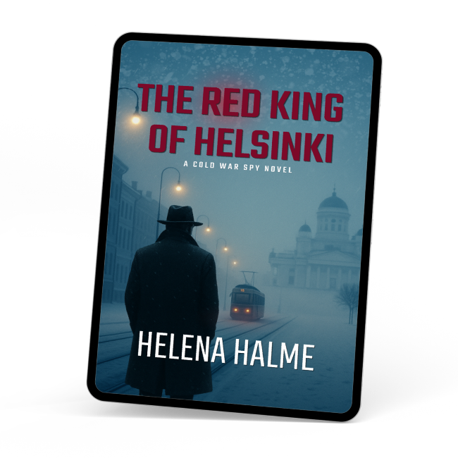 Book cover of 'The Red King of Helsinki' by Helena Halme with a silhouette of a person and cityscape.